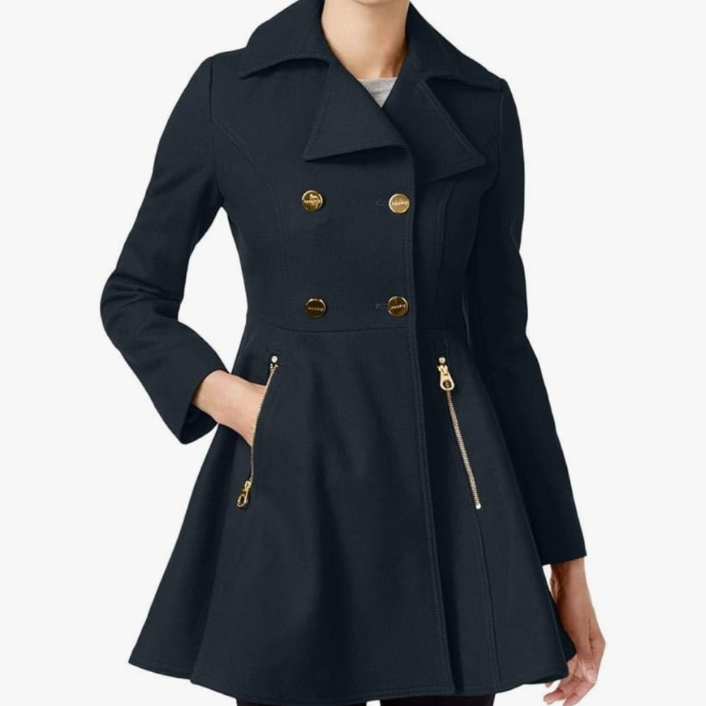 Laundry By Shelli Segal Navy Pea Coat with Gold Accents